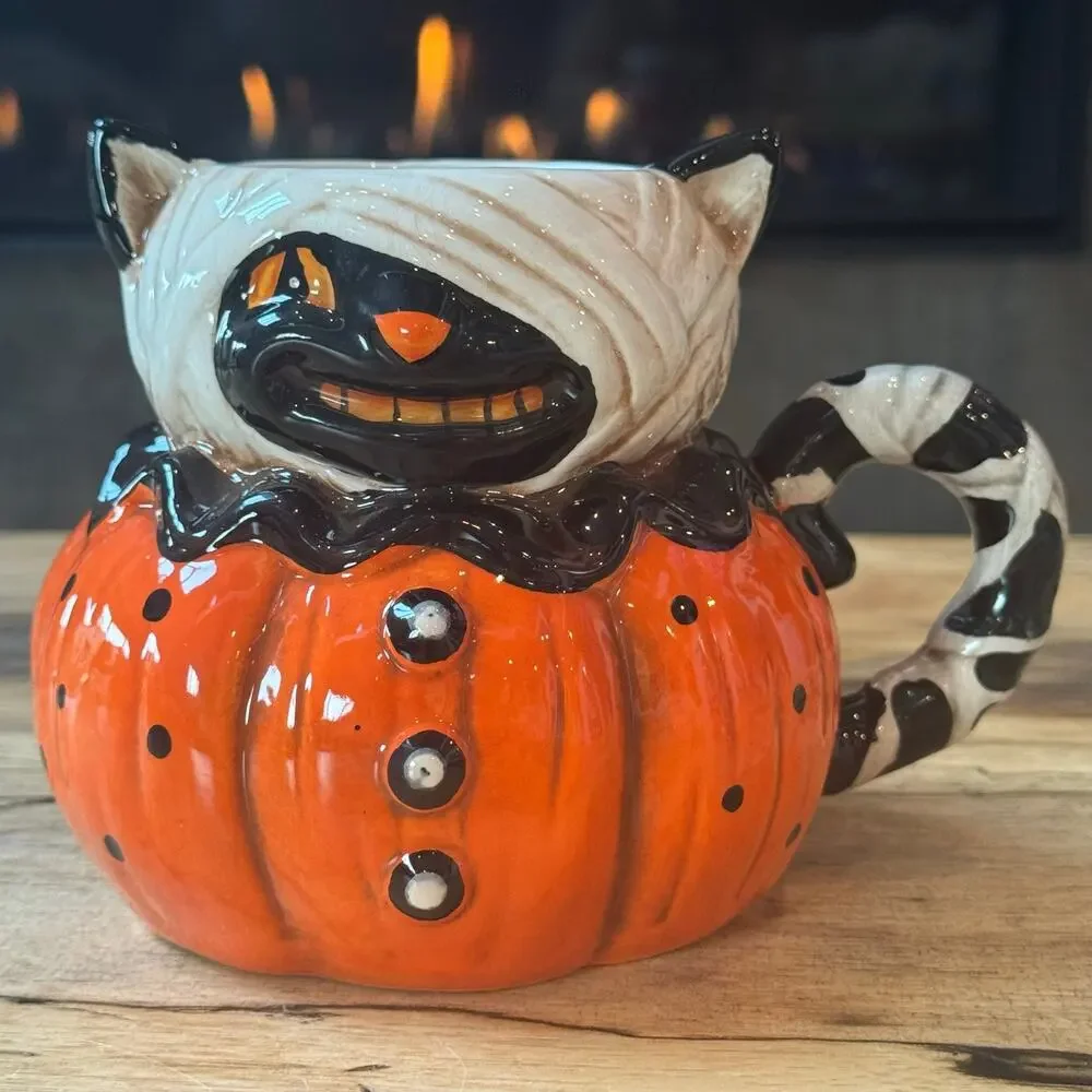 Johanna Parker Designs Halloween Cat Mummy Ceramic Mug, Retro Spooky Coffee Cup